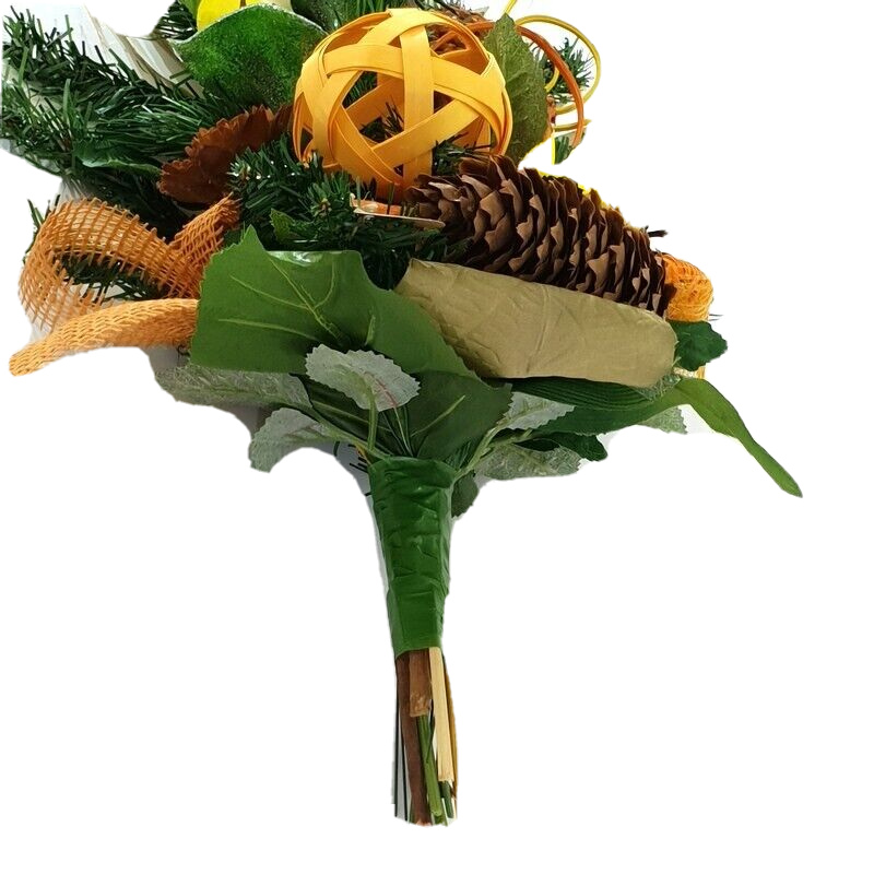 Grabschmuck Grabstrauß Trockenblumen grüne Calla künstliche Tanne Exoten flach