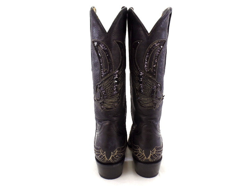 Westernstiefel 38 Schwarz Cowboystiefel Applikationen Paietten Leder spitz Rudel