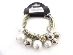 Armband Bijoux 7 reihig Weiß / Silber Perlen Stoff Modeschmuck Karabinerverschl