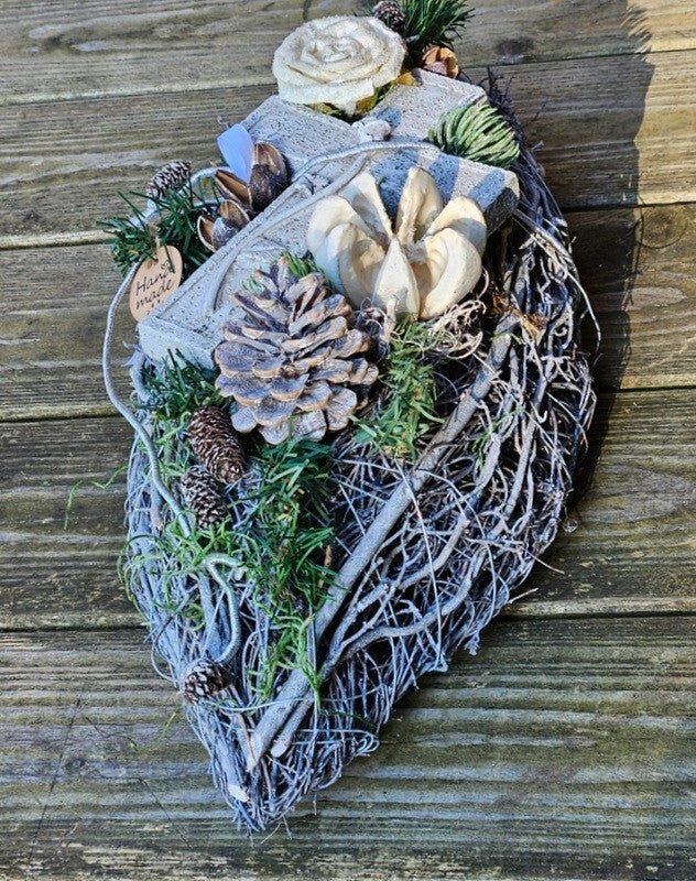 Grabschmuck Gesteck künstliche Blumen ellipse Weiß Naturmaterial Friedhof