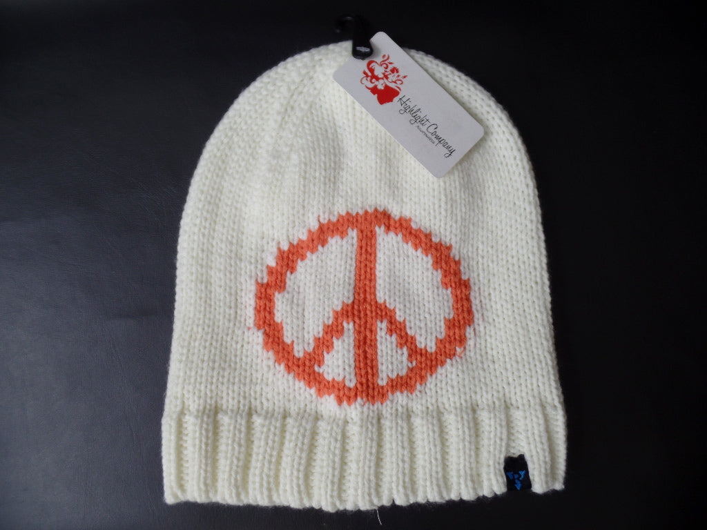 Mütze Strickmütze Weiß mit Peace Zeichen orange 100 % Acrylic Hightlight Company