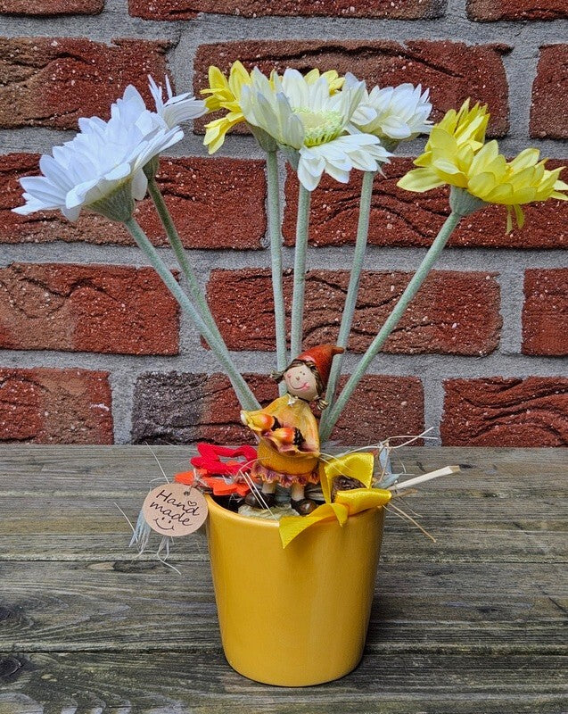 Topfblume Gerbera Gelb Weiß Kunstblumen Keramikgefäß rund Figur Blätter Geschenk