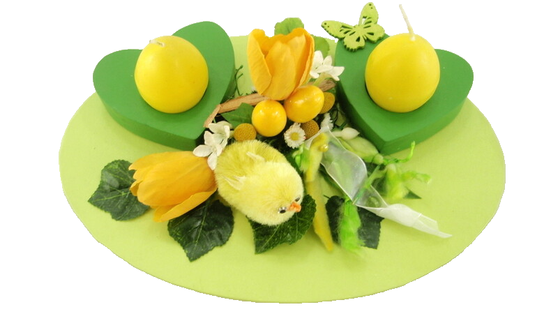 Gesteck Seide Grün Gelb Ostern Kunstblumen 2 Eierkerzen 2 Teelichter Dekoration