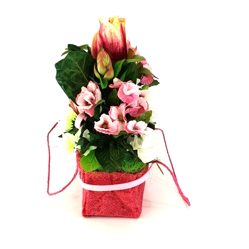 Gesteck Seide Rosa Weiß Kunstblumen Sisaltasche Frühling Magnolie Figuren 32 H