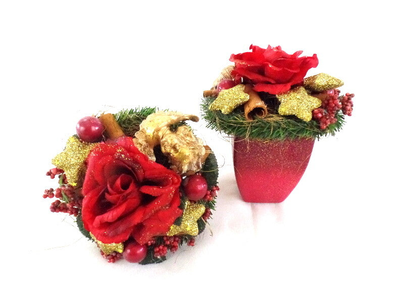 Weihnachtsgestecke Tischschmuck Rote Rose Gold Sterne Natur künstliche Tanne