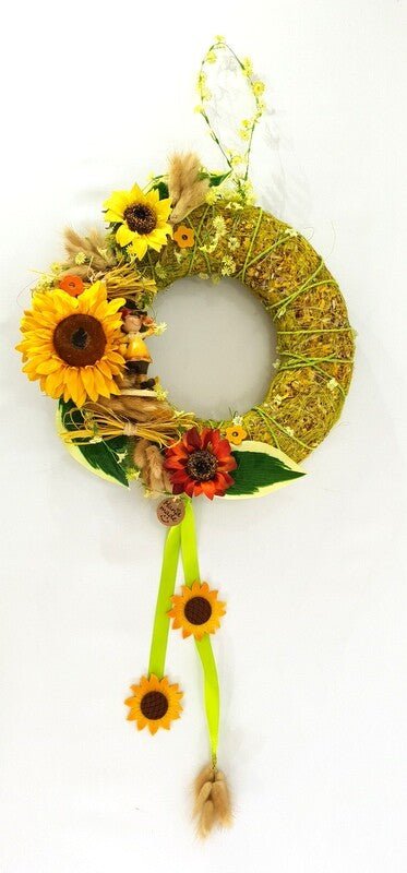 Kranz Tür / Wand Kranz künstlich trocken Grün Gelb Sonnenblumen Lagurus 30 cm