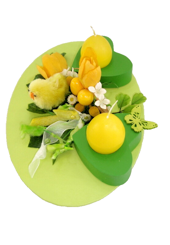 Gesteck Seide Grün Gelb Ostern Kunstblumen 2 Eierkerzen 2 Teelichter Dekoration