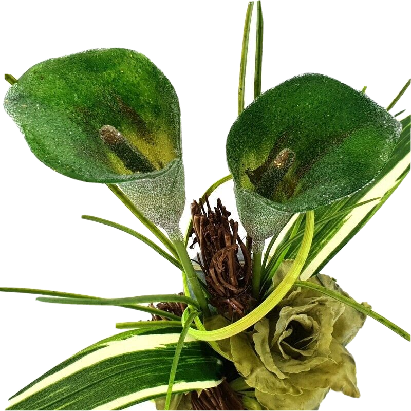 Gesteck Grün Kunstblumen Calla Wachsrose Fruchtstände GräserBast 40cm Dekoration