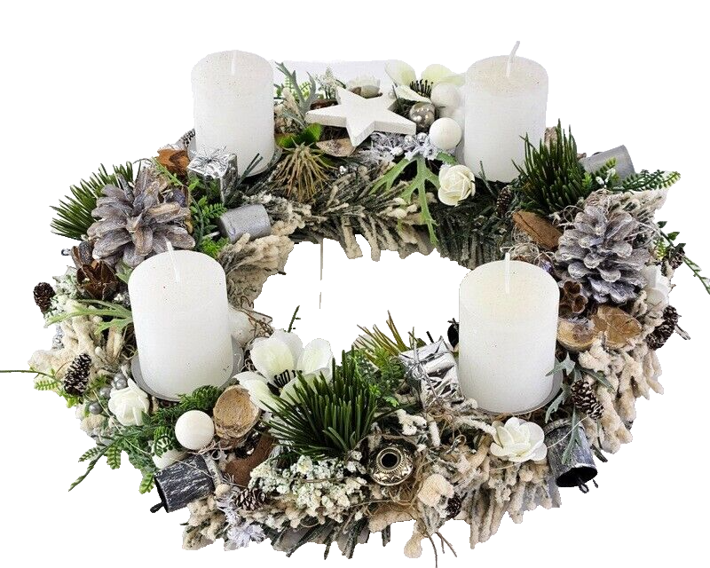Adventskranz Weiß Jingle Bells künstliche Tanne 35 cm Glöckchen Zapfen Stern