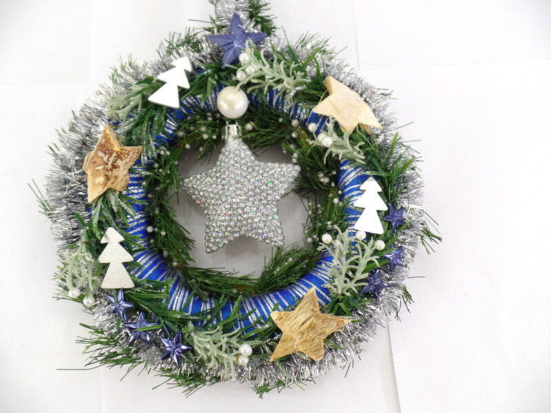 Türkranz Wandkranz Blau Silber Stern künstlich 25 cm Sterne Tannenbäume
