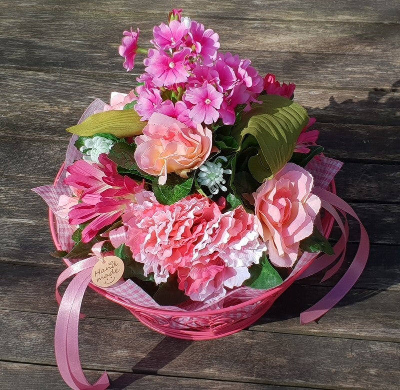 Gesteck im Metallkorb Primel Rosen Gerbera Rosa Kunstblumen Frühling