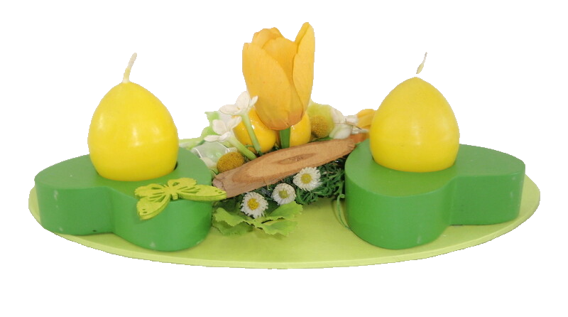 Gesteck Seide Grün Gelb Ostern Kunstblumen 2 Eierkerzen 2 Teelichter Dekoration