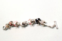 Armband mit Leder in Weiß, Rosa, Silberfarbene Perlen, Knebelverschluss Top