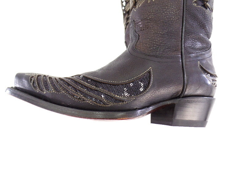 Westernstiefel 38 Schwarz Cowboystiefel Applikationen Paietten Leder spitz Rudel