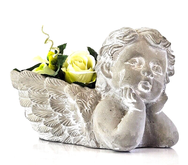 Casa-Poador Gesteck künstlich in Engelschale Beton Weiß Grau Kunstblumen 14 cm H