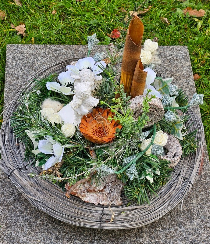 Casa-Poador Grabgesteck Weiß Naturdeko Künstliche Blumen Engel Gedenken Friedhof