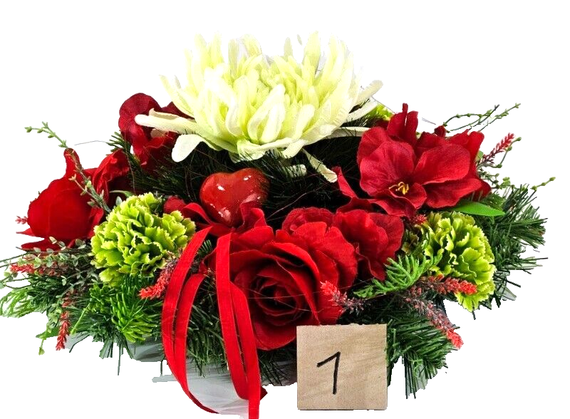 Casa-Poador Grabschmuck rotcreme Rosen Chrysantheme Seidentanne Kunstblumen Herz