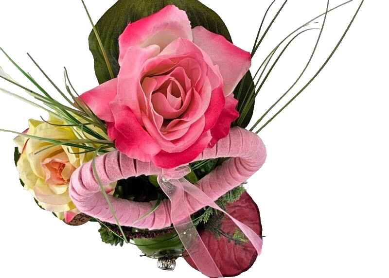 Casa-Poador Gesteck Seide Rosa Weiß Rose Kunstblumen rund Filzherz Dekoration