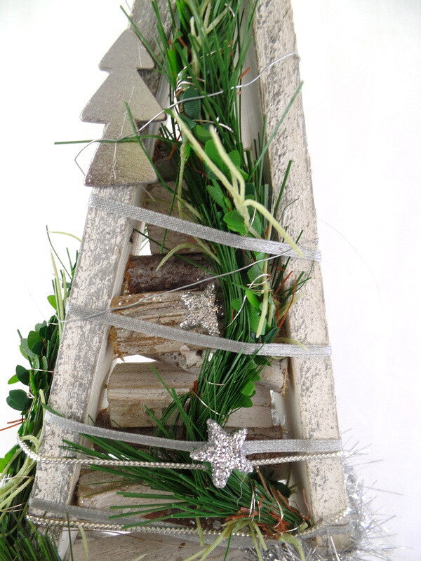 Holz Tannenbaum Weiß künstliche Accessoires silberfarbene Sterne Deko Weihnacht