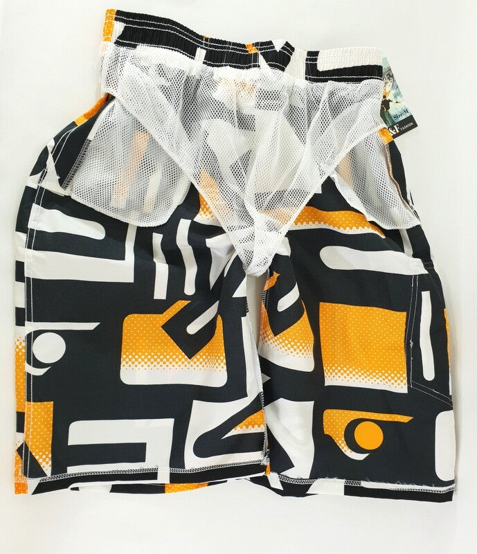 Badehose Badeshorts M Beach Wear E & F Shorts Schwarz Orange gemustert Bermuda