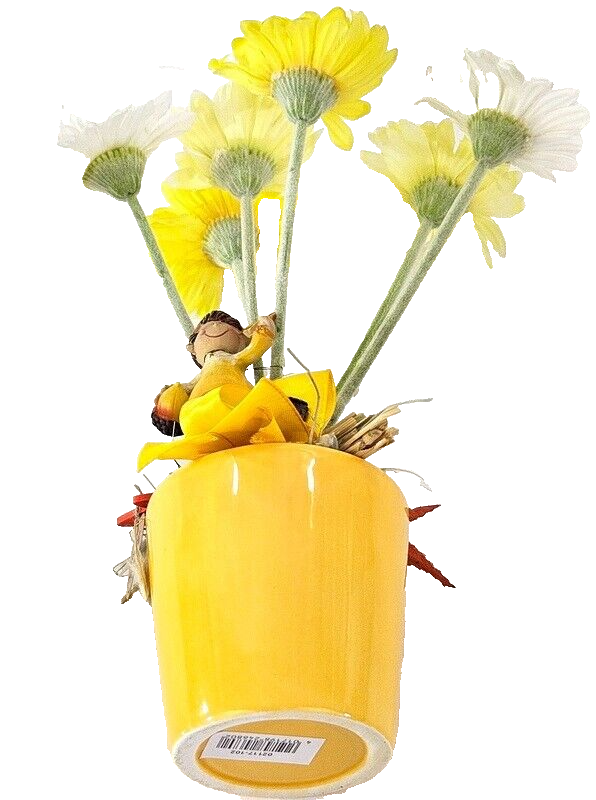 Topfblume Gerbera Gelb Weiß Kunstblumen Keramikgefäß rund Figur Blätter Geschenk