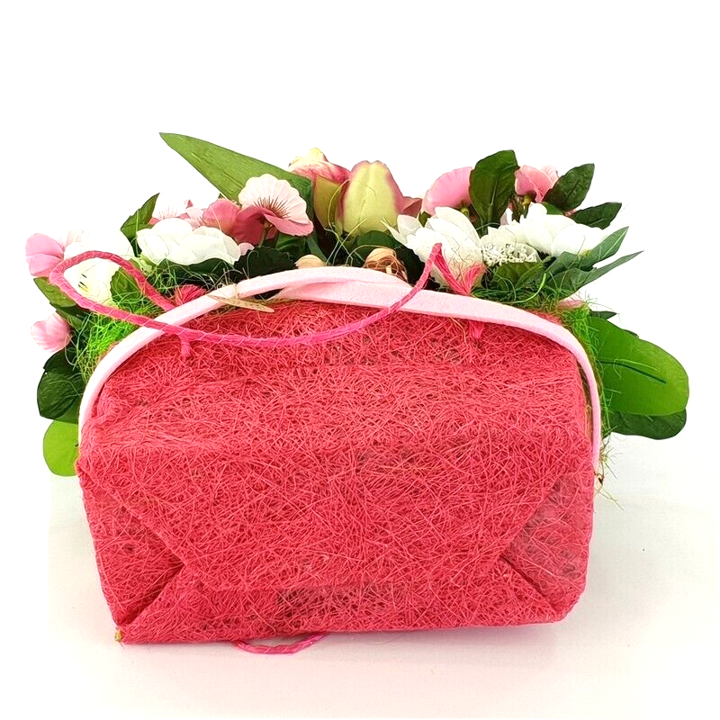 Gesteck Seide Rosa Weiß Kunstblumen Sisaltasche Frühling Magnolie Figuren 32 H