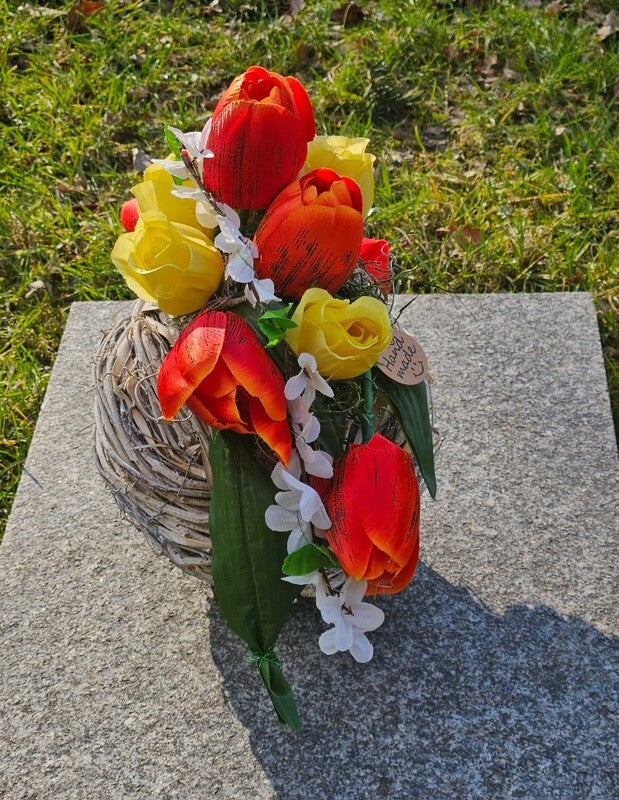 Casa-Poador Gesteck Kunstblumen Naturgefäß rund Kugel Tulpen FrühlingDekoration