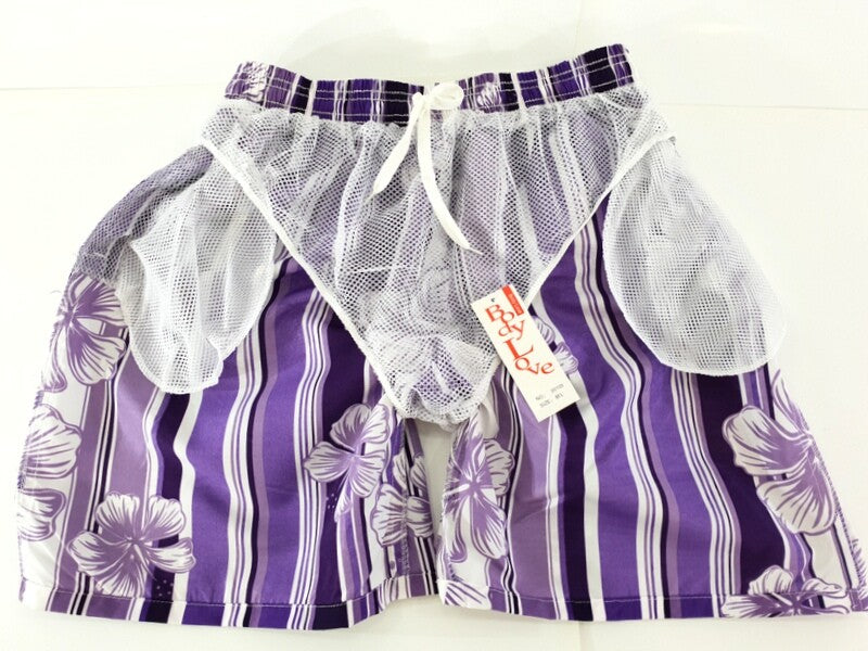 Badehose Badeshorts M / L Lotus Shorts geblümt gestreift Lila Weiß Freizeit
