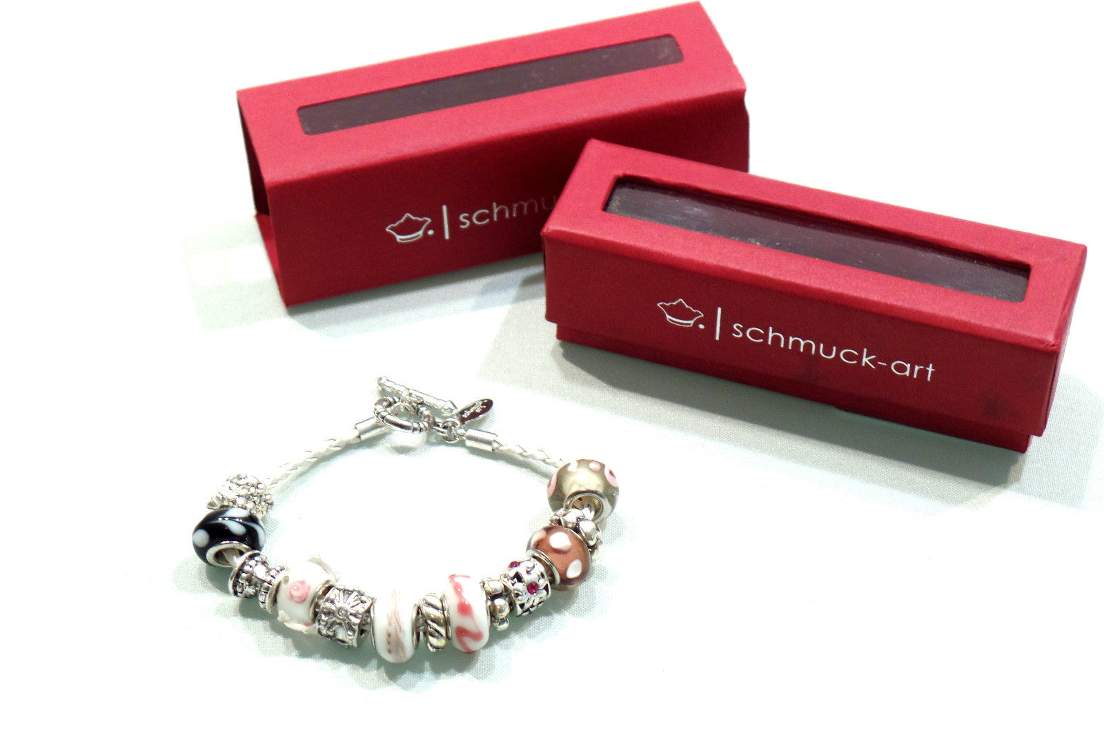 Armband mit Leder in Weiß, Rosa, Silberfarbene Perlen, Knebelverschluss Top