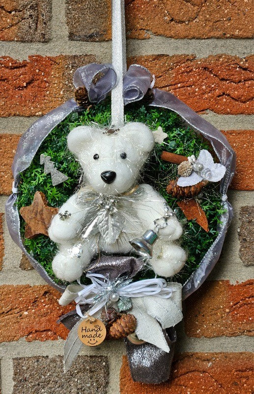 Kranz Türkranz Wandkranz Weiß Silber künstlich Thuja 21 cm Sterne Bär Zapfen