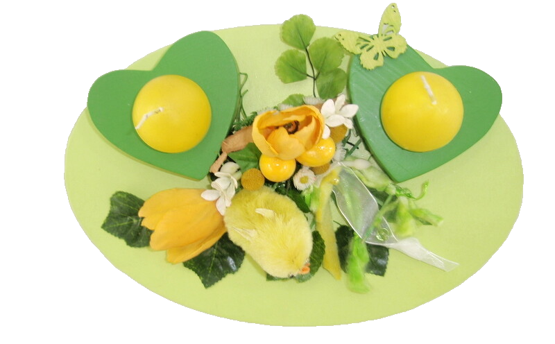 Gesteck Seide Grün Gelb Ostern Kunstblumen 2 Eierkerzen 2 Teelichter Dekoration