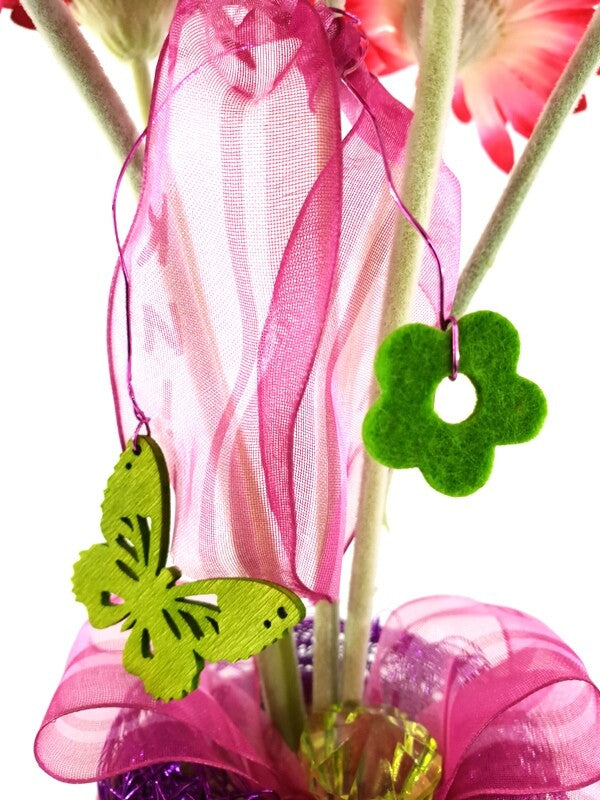Gesteck Topfblume Gerbera Rosa Pink Kunstblumen Keramikgefäß rund Dekoration
