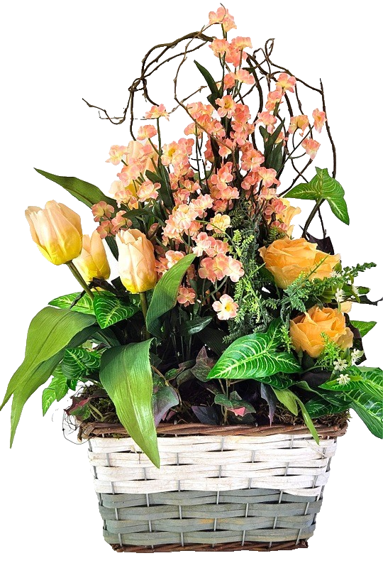Casa-Poador Kunstblumengesteck im Korb Lachs Apricot Tulpen Rosen Deko Geschenk