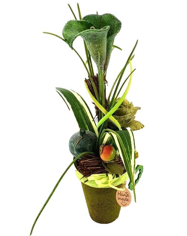 Gesteck Grün Kunstblumen Calla Wachsrose Fruchtstände GräserBast 40cm Dekoration