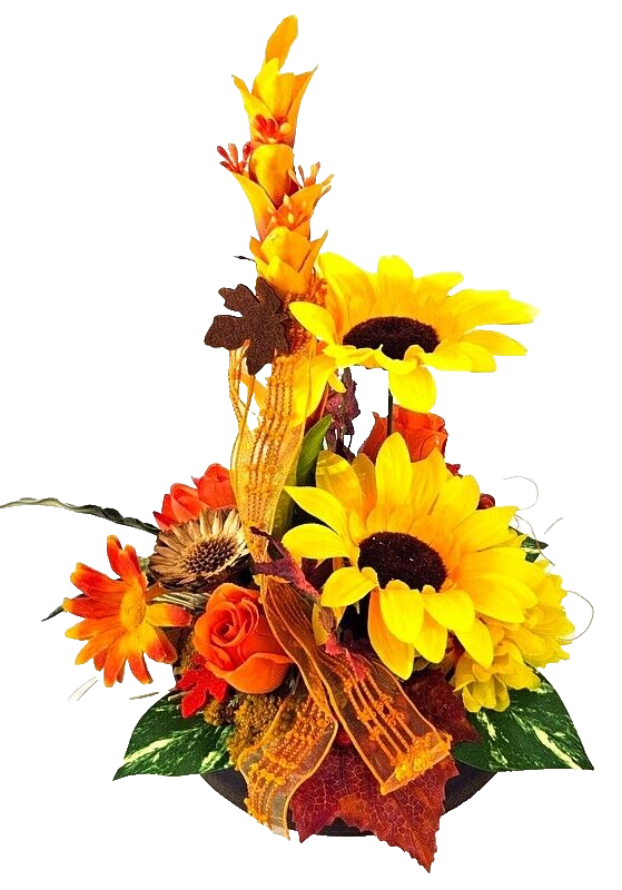 Gesteck Gelb Orange Kunstblumen Sonnenblume  rund 35 H Herbst Filzblätter  Deko