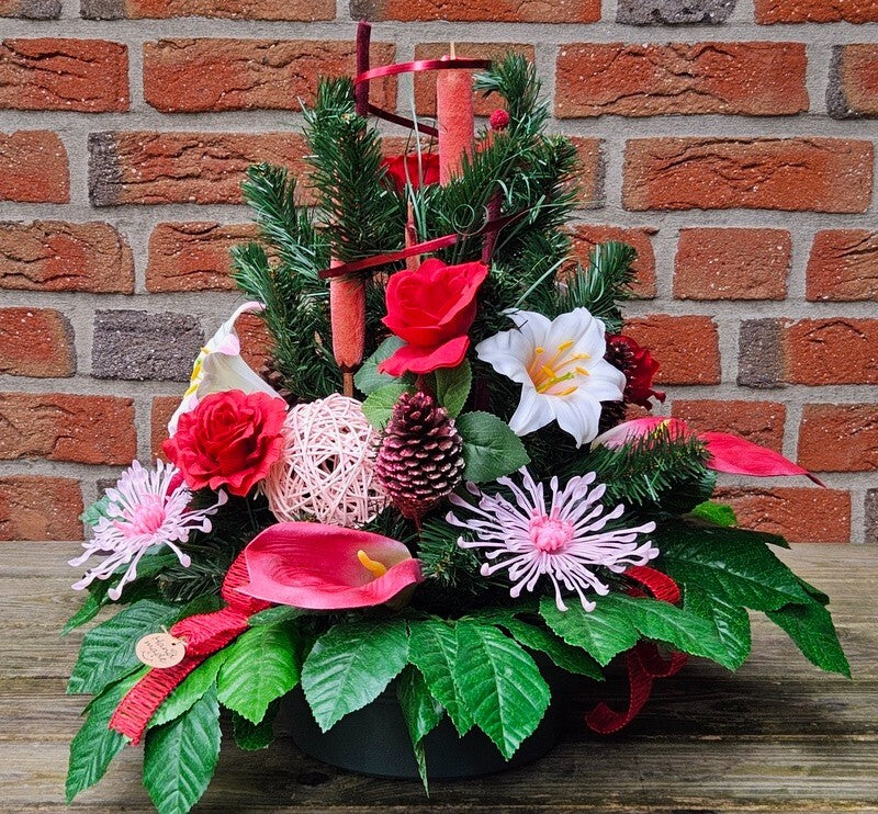 Casa-Poador Grabgesteck Schale Rot Rosa Lilien Rosen Kunstblumen Friedhof