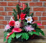 CASA - POADOR GRABGESTECK Schale Rot Rosa Lilien Rosen Kunstblumen Friedhof