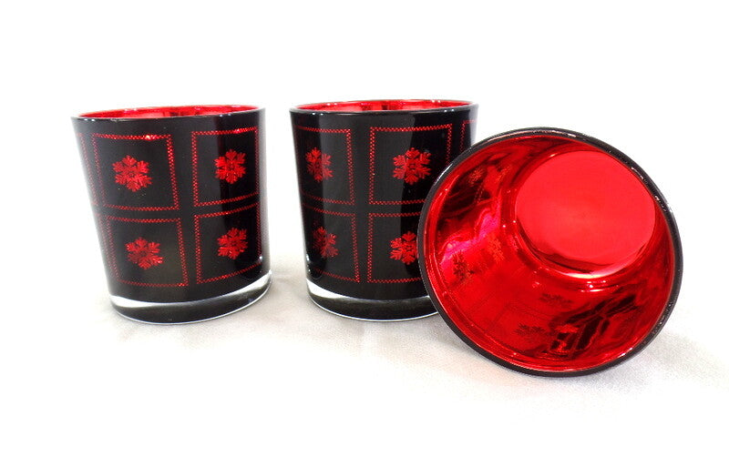 3 Teelichthalter Windlicht Gläser Rot Schneeflocke verspiegelt 8 cm H 7,5 cm D.