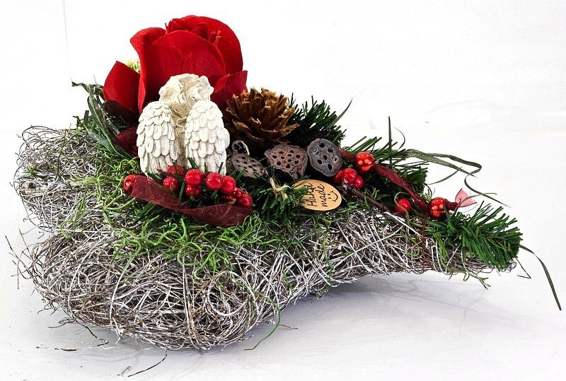 Grabschmuck Herz Reisigesteck Weiß Rot  Kunstblumen Natur