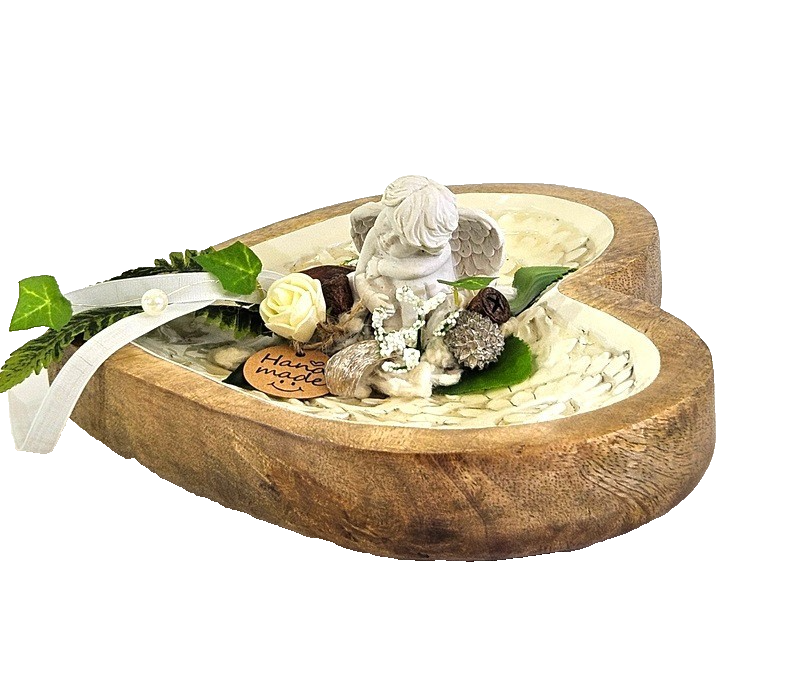 Casa-Poador Herzform aus Mangoholz Emaille Weiß Creme Holzschale Engel Friedhof