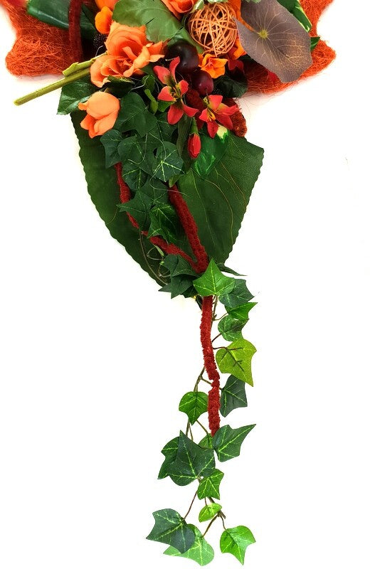 Gesteck Seide Ahornblatt Trocken Lachs Rot Kunstblumen Rosen Äpfel Früchte Deko