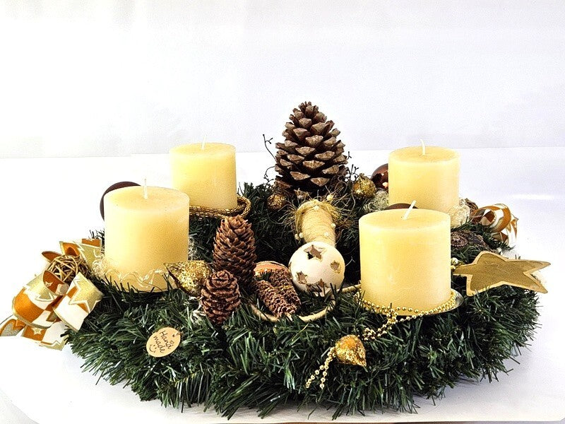 Adventskranz Creme Braun künstliche Tanne 45 cm Rustic Kerzen Kugeln Sterne 8054
