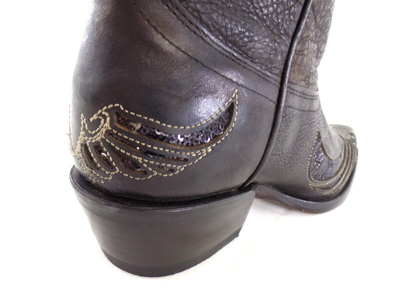Westernstiefel 38 Schwarz Cowboystiefel Applikationen Paietten Leder spitz Rudel