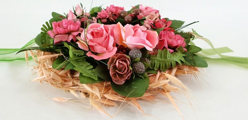 Kranz Tür / Wand Kranz künstlich wie echt Rosen Rosa Grün 25 cm Hafer