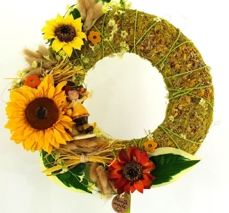 Kranz Tür / Wand Kranz künstlich trocken Grün Gelb Sonnenblumen Lagurus 30 cm