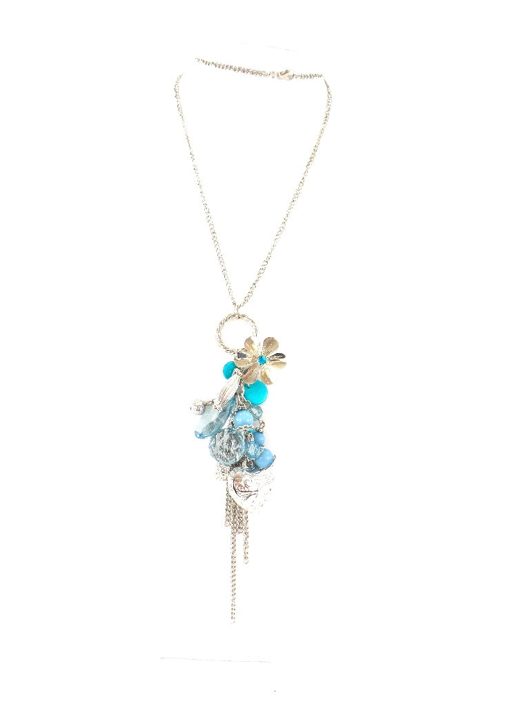 Halskette Schmuck - Art Perlen Blau / Türkis mit Herz / Blume Anhänger Schmuck