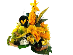 Strauß Osterstrauss Gelb Weiß  Seide Kunstblumen Tulpen Eier Federn Kücken Deko