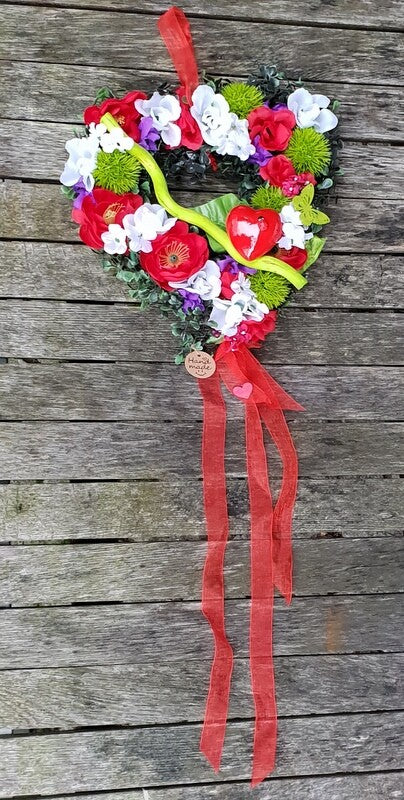 Herz Reisigunterlage Rot Weiß Lila Kunstblumen Aufhängung Geschenk Valentinstag
