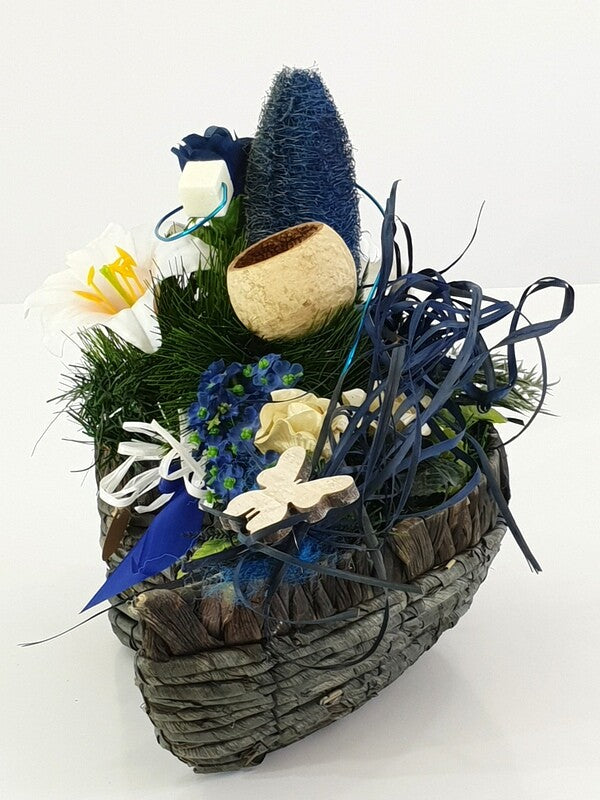 Grabschmuck Gesteck künstliche Blumen Tropfen Weiß Blau Naturmaterial Friedhof