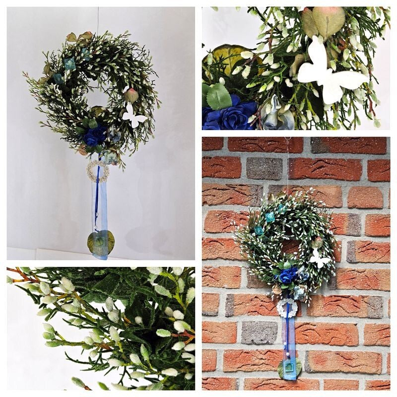 Kranz Türkranz Wand Kranz künstlich trocken wie echt Weiß Blau 25 cm Dekoration
